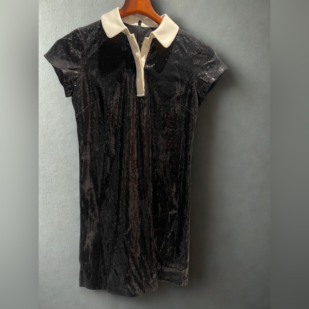 Ann Taylor Black Sequin Mini Dress with Cream Collar